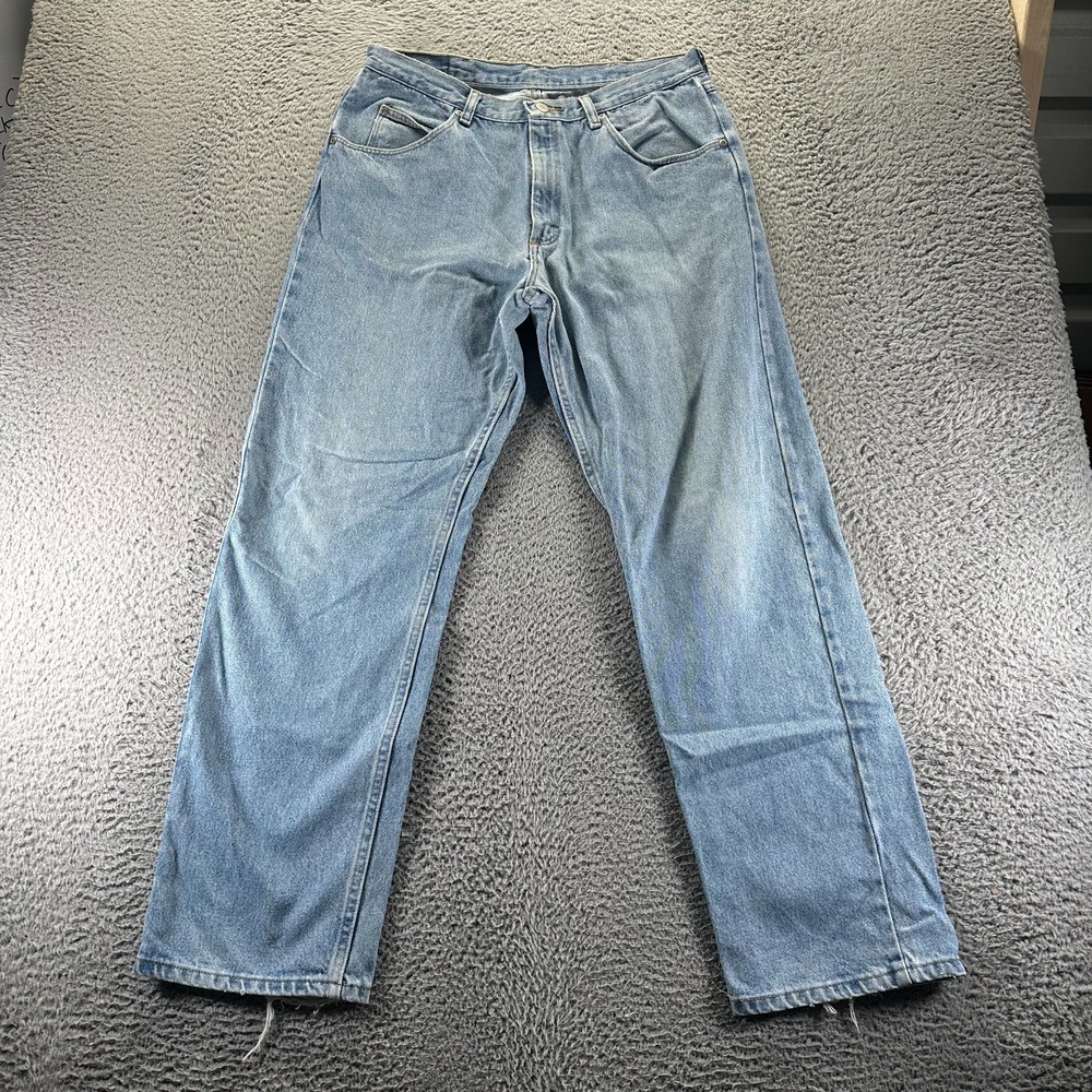 Wrangler Authentic Jeans Mens 34x32 Blue Cotton Denim Straight Faded Workwear
